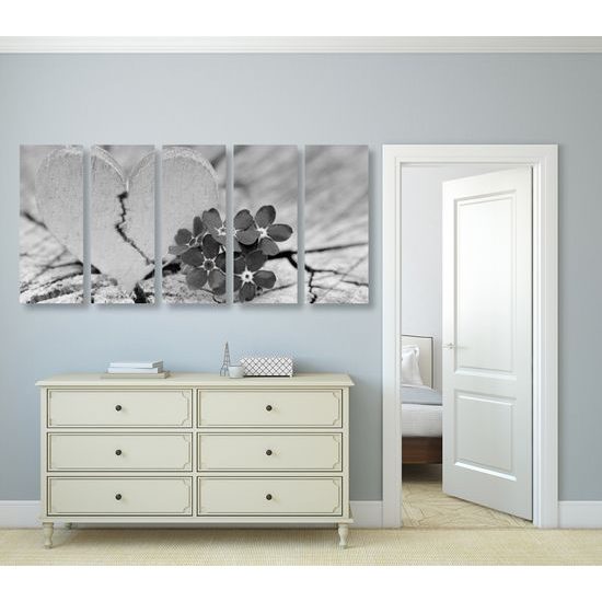 5-dielny obraz zlomené srdiečko v čiernobielom prevedení