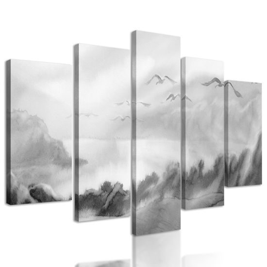 5-dielny obraz divoké čajky v čiernobielom prevedení