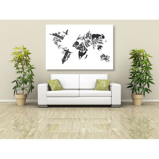 Obraz mapa sveta tvorená symbolmi krajín v čiernobielom prevedení