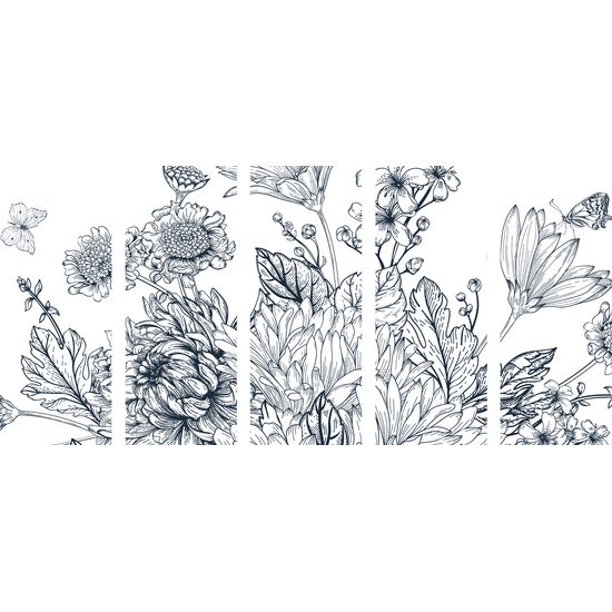 5-deilny obraz maľovaná kytica v čiernobielom prevedení