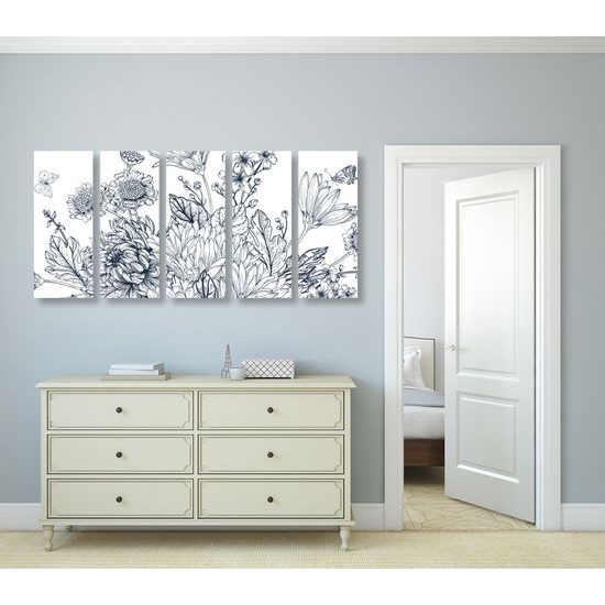5-deilny obraz maľovaná kytica v čiernobielom prevedení
