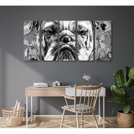 5-dielny obraz čiernobiely buldog v pop art prevedení