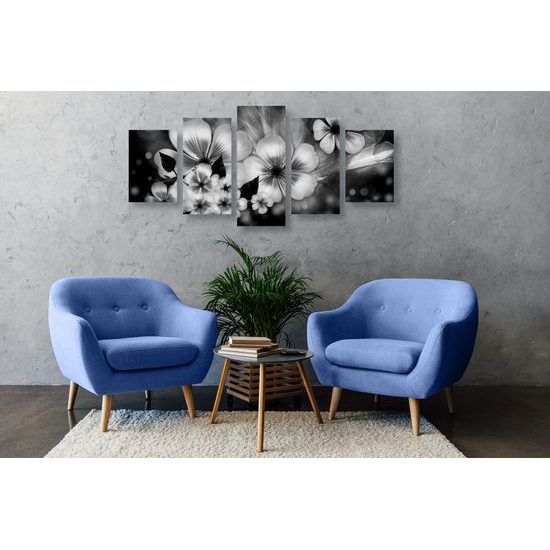 5-dielny obraz čiernobiele kvety vo vintage prevedení