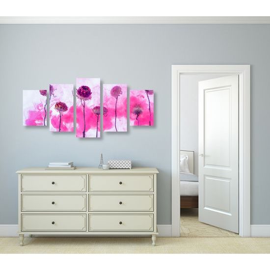 5-dielny obraz krásne kvety v ružovom dyme