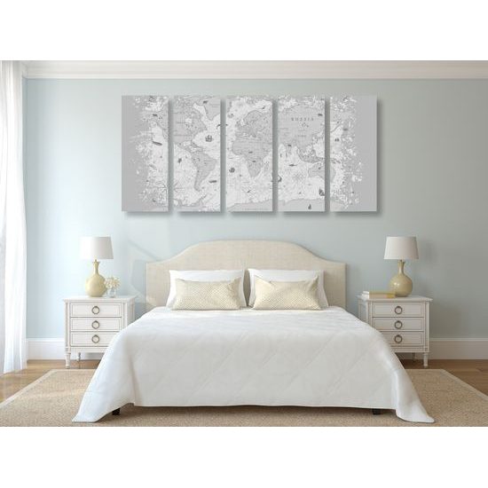 5-dielny obraz mapa sveta s historickým nádychom v čiernobielom prevedení