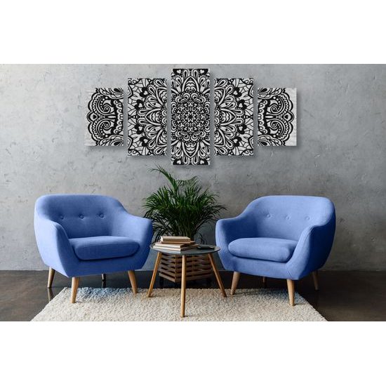 5-dielny obraz Mandala na telovom pozadí v čiernobielom prevedení