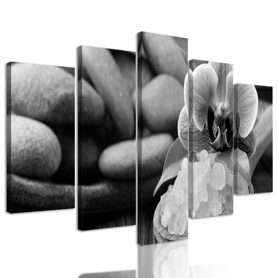 5-dielny obraz wellness zátišie s morskou soľou v čiernobielom prevedení