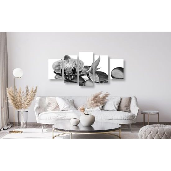 5-dielny obraz ploské wellness kamene v čiernobielom prevedení