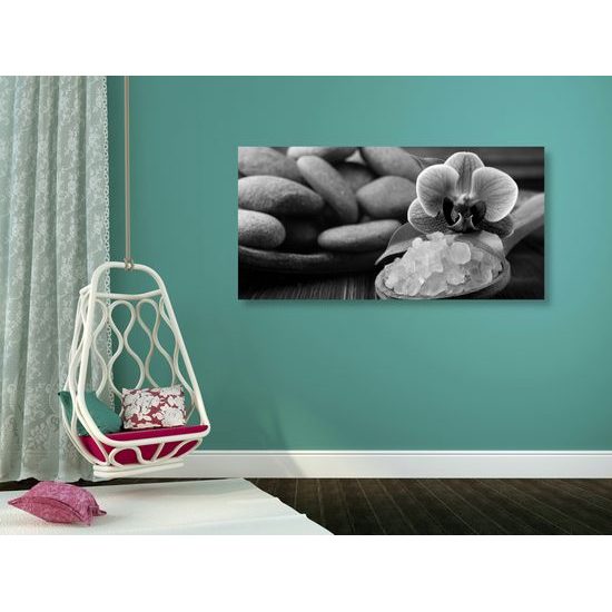 Obraz wellness zátišie s morskou soľou v čiernobielom prevedení