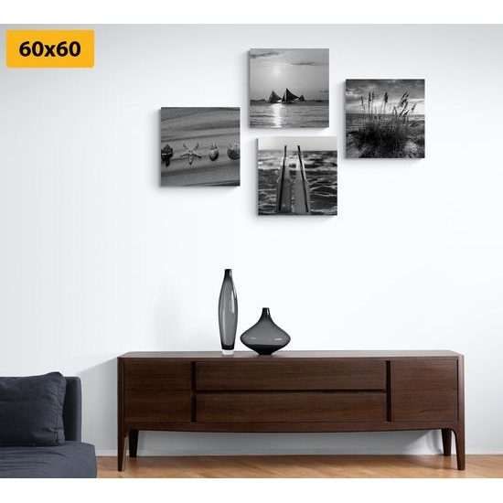 Set obrazov piesočná pláž v čiernobielom prevedení