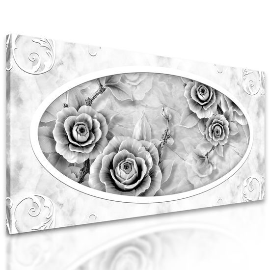 Obraz nádherné historické ruže v čiernobielom prevedení
