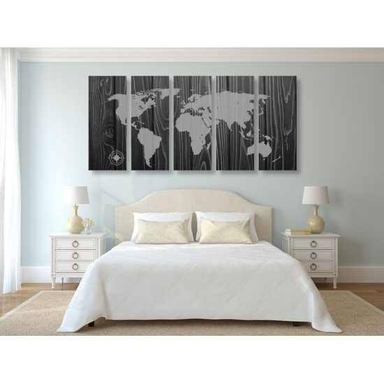 5-dielny obraz čiernobiela mapa sveta na dreve v luxusnom prevedení