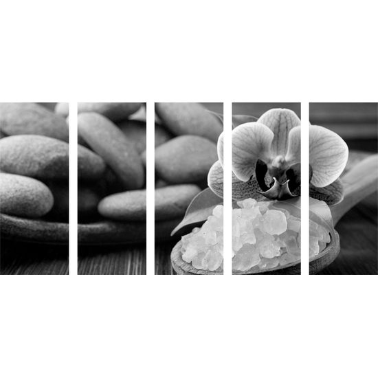 5-dielny obraz wellness zátišie s morskou soľou v čiernobielom prevedení