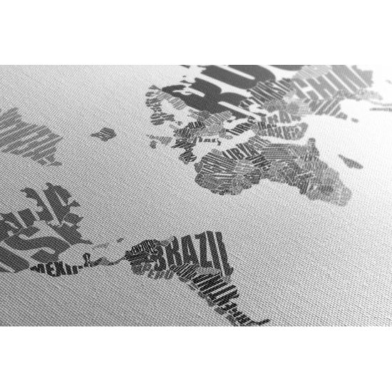 Obraz čiernobiela mapa sveta tvorená názvami jednotlivých krajín