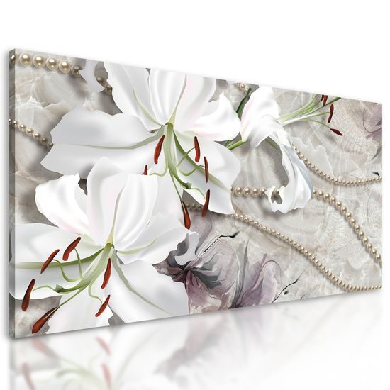 Obraz zátišie s ľáliami a perlami