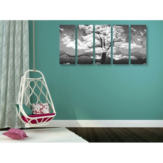 5-dielny obraz čiernobiely strom v japonskom štýle