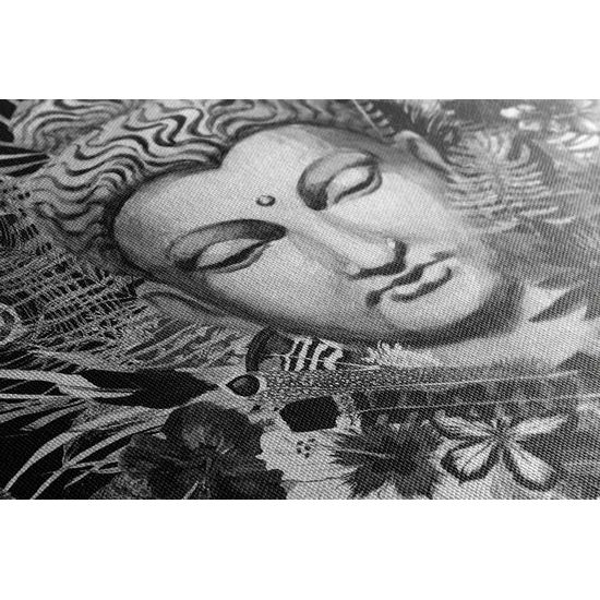 Obraz Budha v tropickej džungli v čiernobielom prevedení