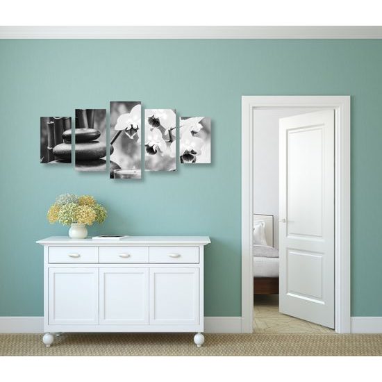 5-dielny obraz prírodné wellness zátišie v čiernobielom prevedení