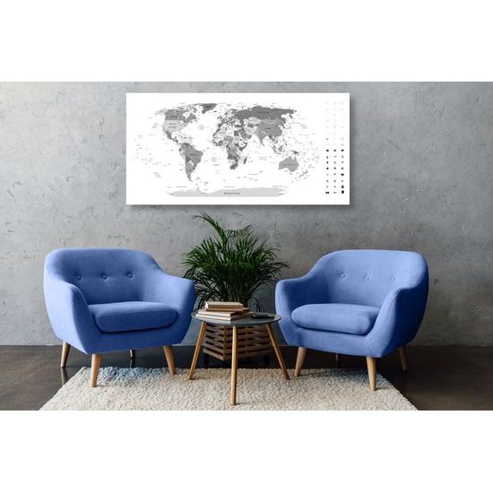 Obraz precízna mapa sveta v čiernobielom prevedení
