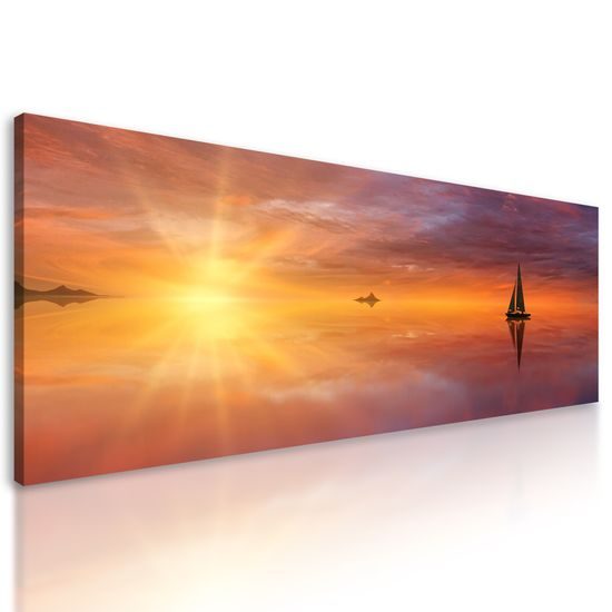 Obraz osamelá loďka pri zapadajúcom slnku