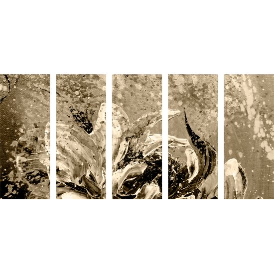 5-dielny obraz umelecká abstrakcia pivónie v sépiovom prevedení