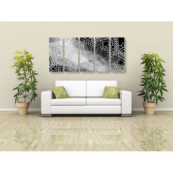 5-dielny obraz detail Mandaly v čiernobielom prevedení