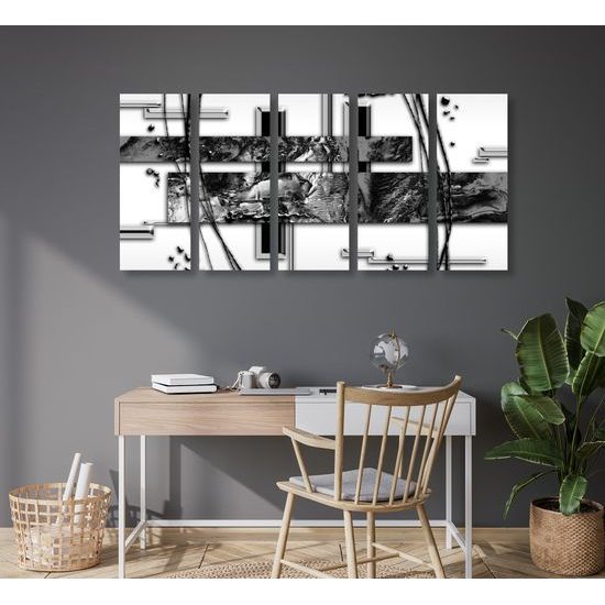 5-dielny obraz zlatý luxus v čiernobielom prevedení