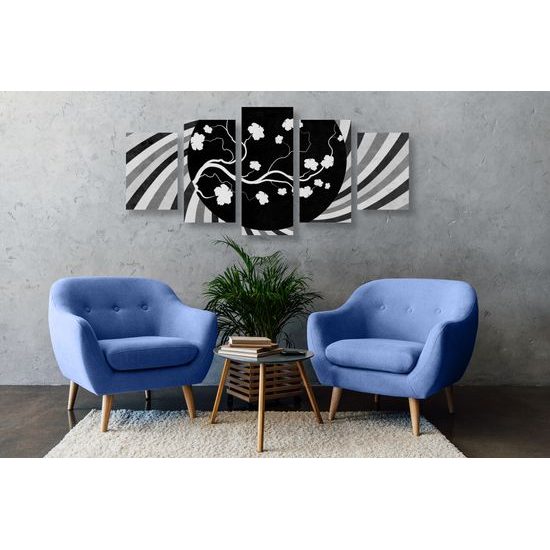 5-dielny obraz ázíjske moderné umenie v čiernobielom prevedení