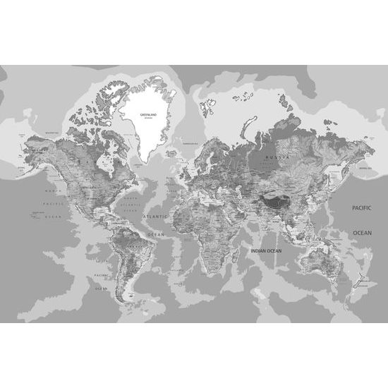 Obraz geografická mapa sveta v čiernobielom prevedení