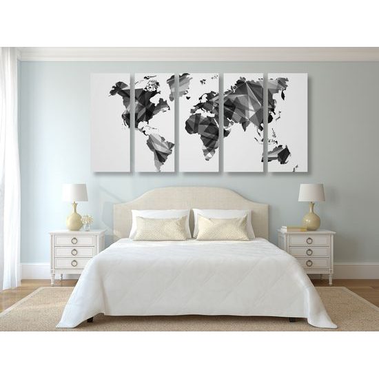 5-dielny obraz mapa sveta tovrená polygonmi v čiernobielom prevedení