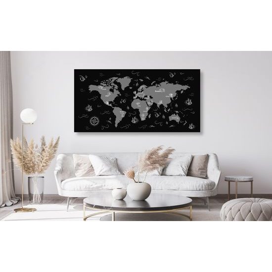Obraz na korku dobrodrúžna mapa sveta v čiernobielom prevedení