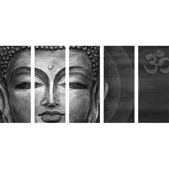 5-dielny obraz meditujúci Budha v čiernobielom prevedení