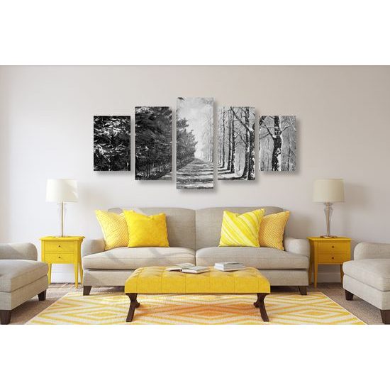 5-dielny obraz zasnežená alej v čiernobielom prevedení