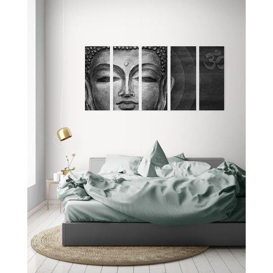 5-dielny obraz meditujúci Budha v čiernobielom prevedení