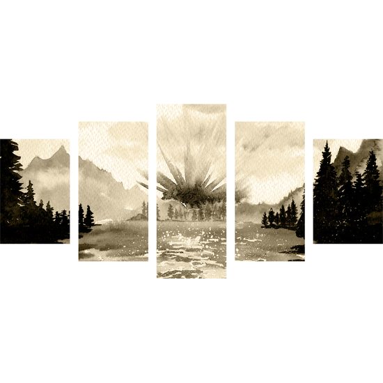 5-dielny obraz maľovaná horská krajinka v sépiovom prevedení