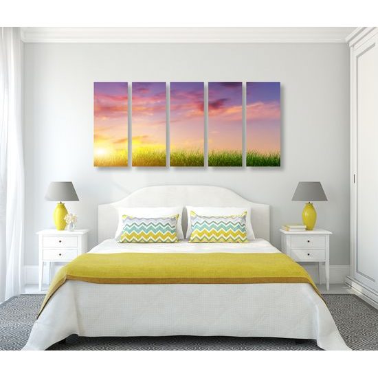 5-dielny obraz nádherný západ slnka za strom v tvare srdca