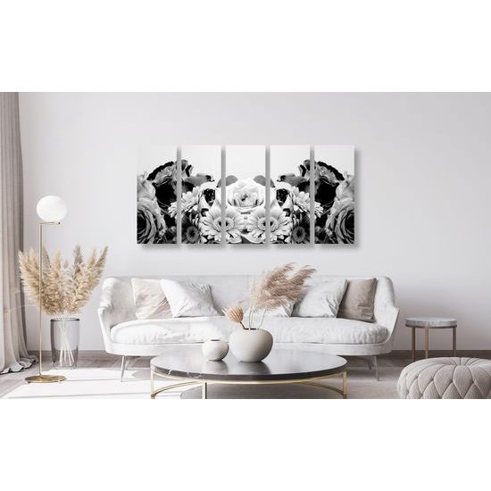 5-dielny obraz pôvabná kvetinová kompozícia v čiernobielom prevedení