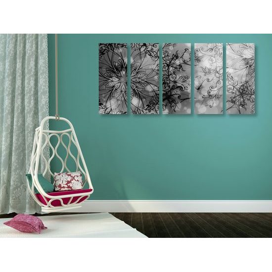 5-dielny obraz ružová Mandala v čiernobielom prevedení