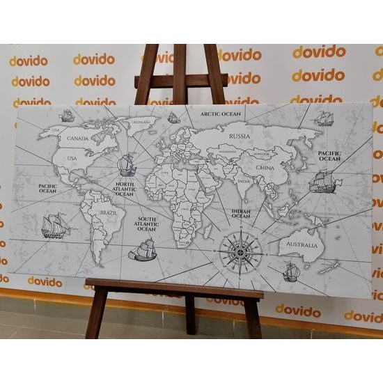 Obraz čiernobiela mapa sveta so starými obchodnými cestami