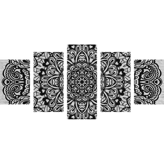 5-dielny obraz Mandala na telovom pozadí v čiernobielom prevedení