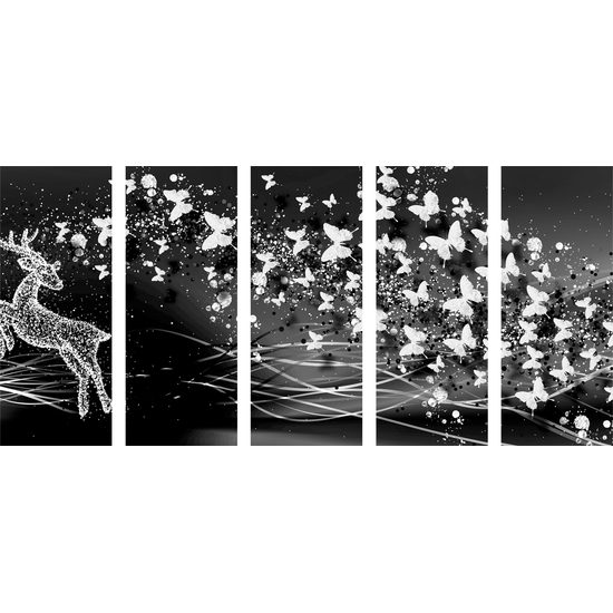 5-dielny obraz abstrakcia vesmírneho Jeleňa v čiernobielom prevedení