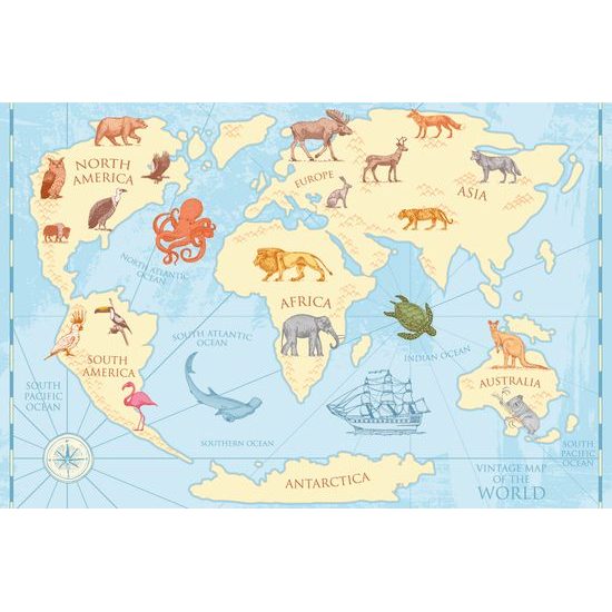 Samolepiaca tapeta kreslená mapa sveta s zvieratami