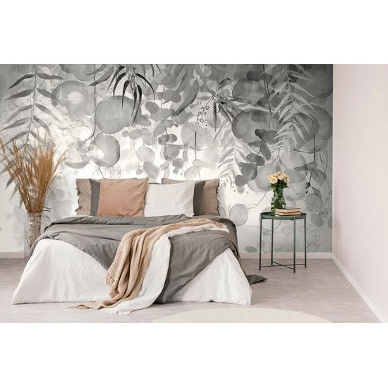 Samolepiaca tapeta nežné tropické listy v černobielom prevedení
