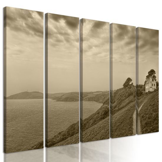 5-dielny obraz dom pri mori v sépiovom prevedení