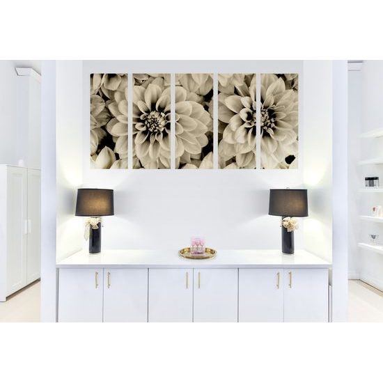 5-dielny obraz jemné rozkvitnuté dálie v sépiovom prevedení