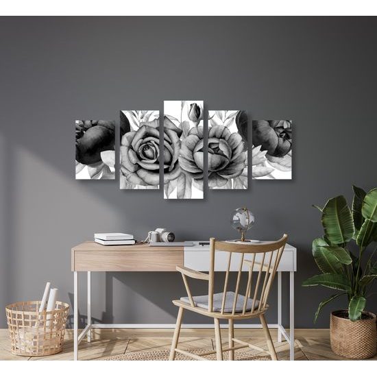 5-dielny obraz nežné splynutie ruží a listov v čiernobielom prevedení