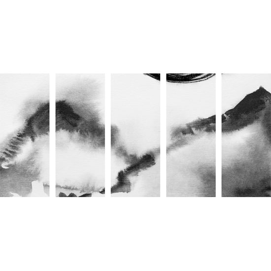 5-dielny obraz japonská abstrakcia hôr v čiernobielom prevedení