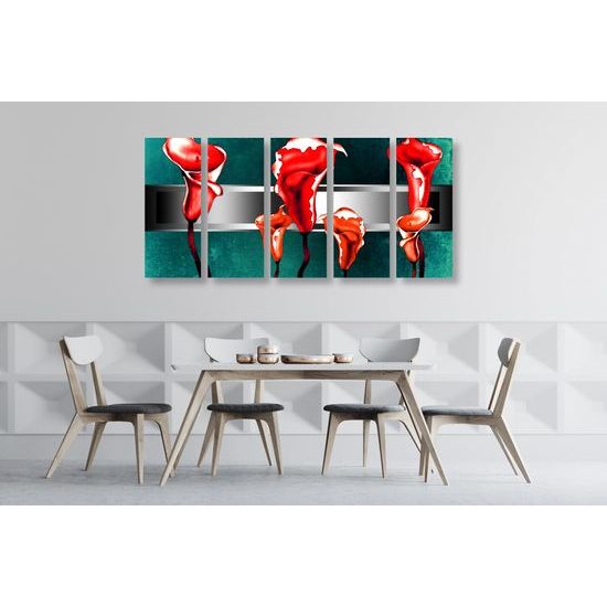 5-dielny obraz umelecká abstrakcia červených kvetov