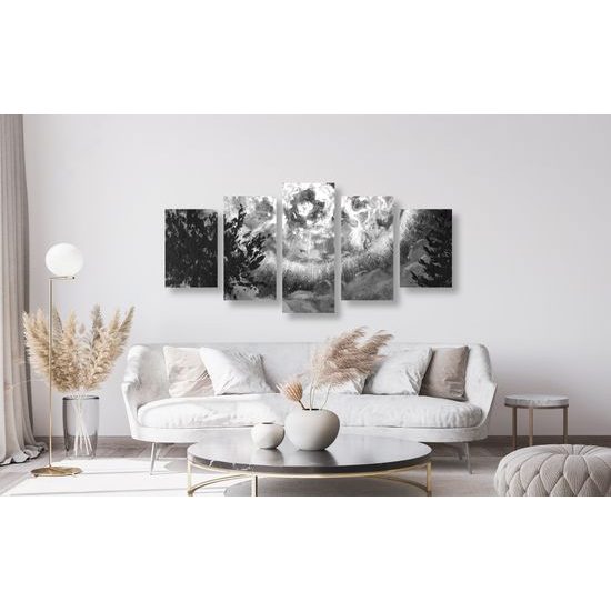 5-dielny obraz magický spln v čiernobielom prevedení