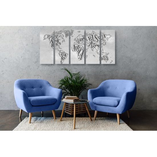 5-dielny obraz abstraktná mapa celého sveta v čiernobielom prevedení